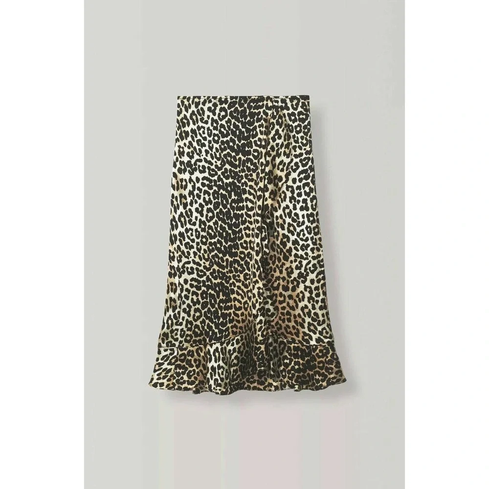 NWT GANNI‎ Leopard Print Satin Midi Skirt Size EU 40/ US 8 $295
